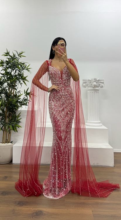 Kırmızı Kollu İnci Süslemeli Abiye Elbise